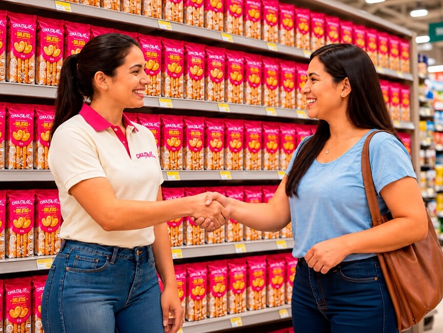 Dos mujeres se dan la mano frente a un anaquel lleno de productos Chulita Mía.