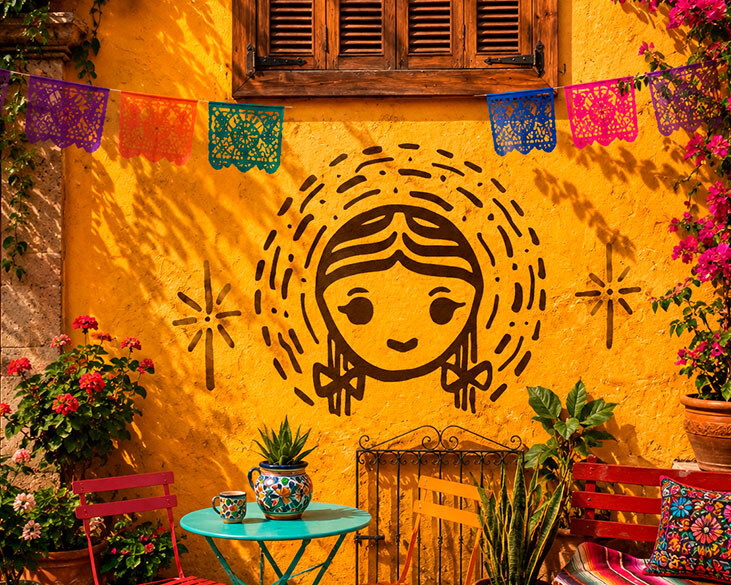Mural con el rostro ilustrado de la Chulita sobre fondo amarillo.