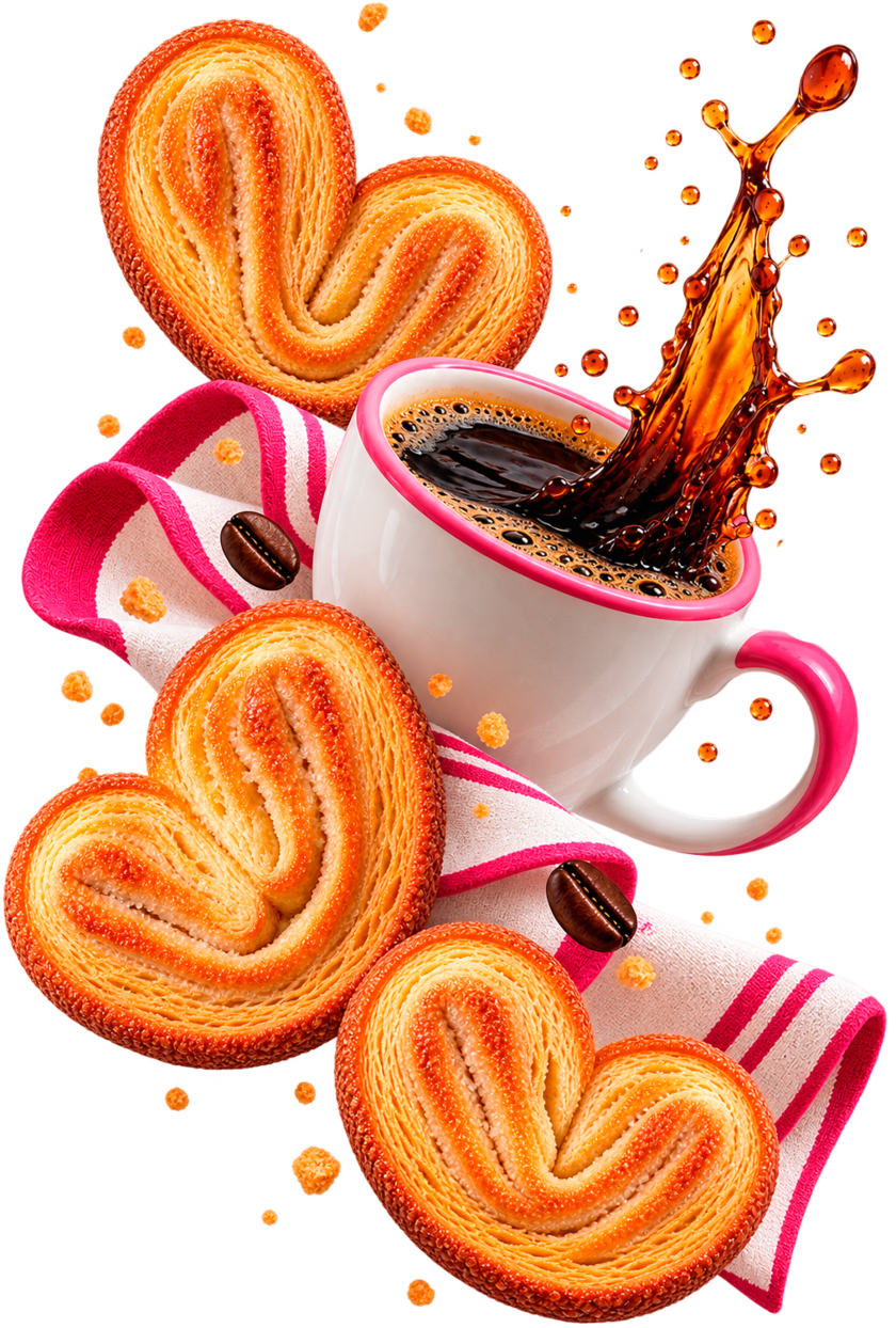 Orejitas de hojaldre alrededor de una taza de café recién servido.